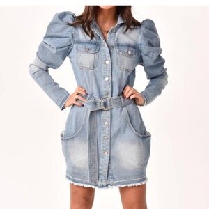 Athina Medium M Denim Puff Sleeve Dress Country Nashville Western Jean